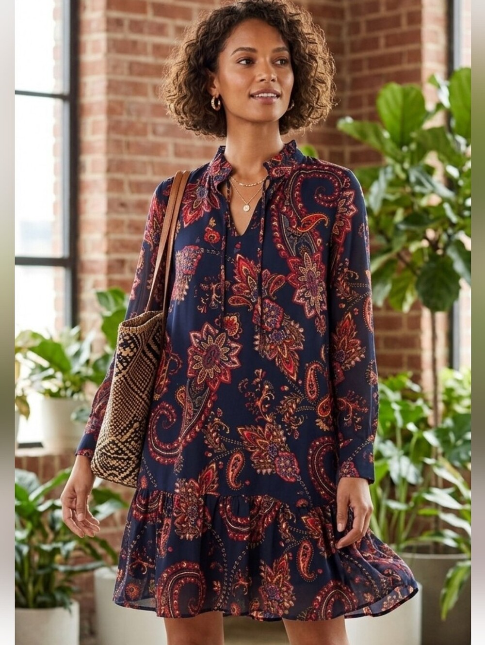 LOFT Paisley Tie Neck Tiered Dress Medium Petite